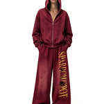 FDR Studios oversized burgundy zip-up hoodie and wide-leg sweatpants set, cyber Y2K high-street fashion style.