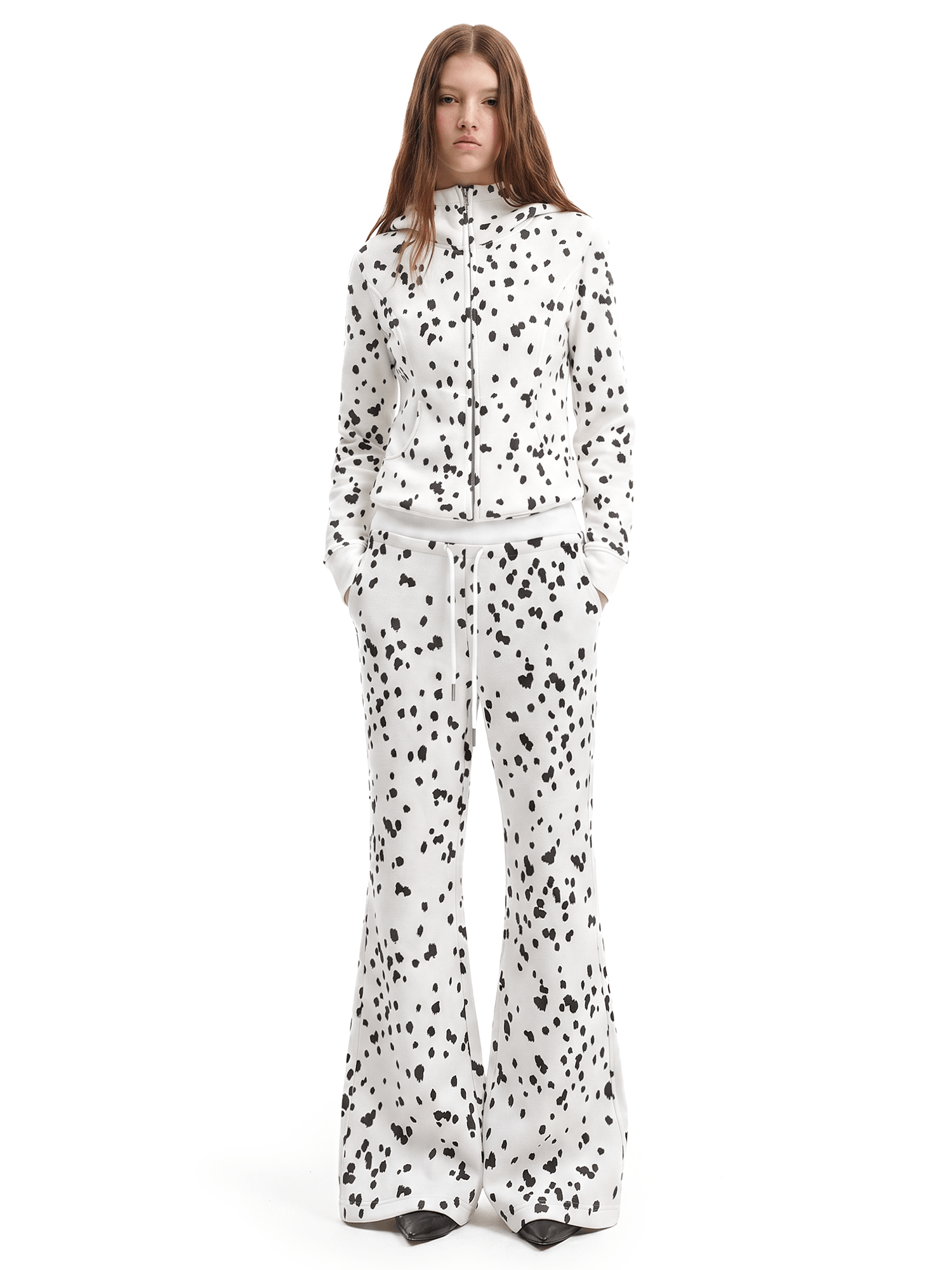Dalmatian Spot Hoodie,Flare Pants - Side Angle & Silhouette Detail - Streetwear Aesthetic | FDR Studios