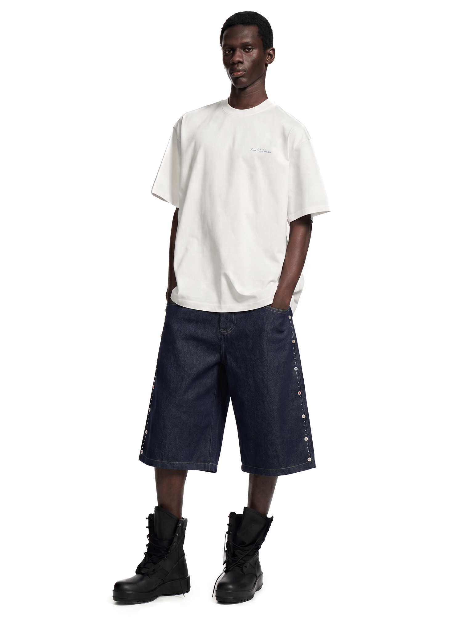 Rhinestone Studded Baggy Jorts - Side Angle & Silhouette Detail - Y2K Streetwear | Oversized Baggy Fit | FDR Studios
