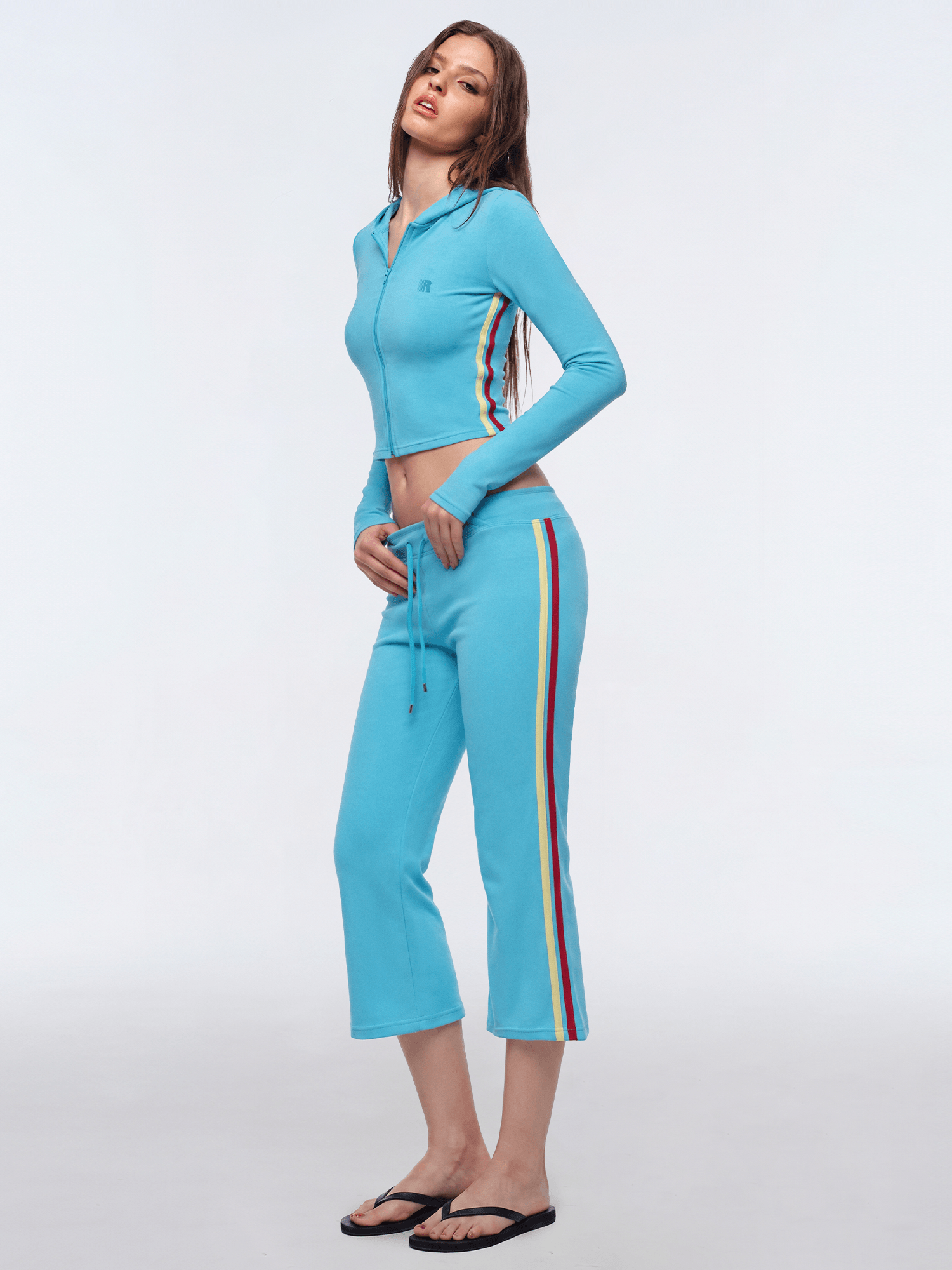 Alternative angle view of Stripe Capri Flare Pants in Lake Blue - FDR