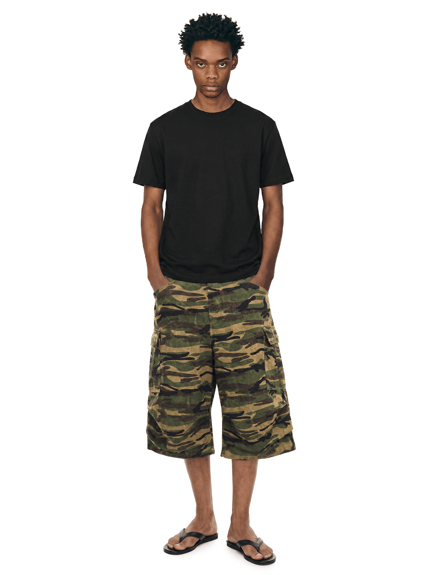 Camo Longline Cargo Jorts - Fabric Texture & Stitching Detail - Oversized Baggy Fit | FDR Studios