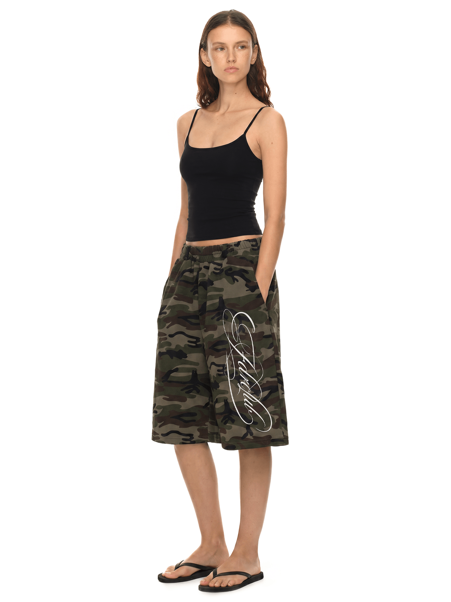 Unisex Camo Longline Jorts - Side Angle & Silhouette Detail - Oversized Baggy Fit | FDR Studios