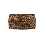 A leopard print headband made of a soft, plush fabric, shown flat against a solid white background.