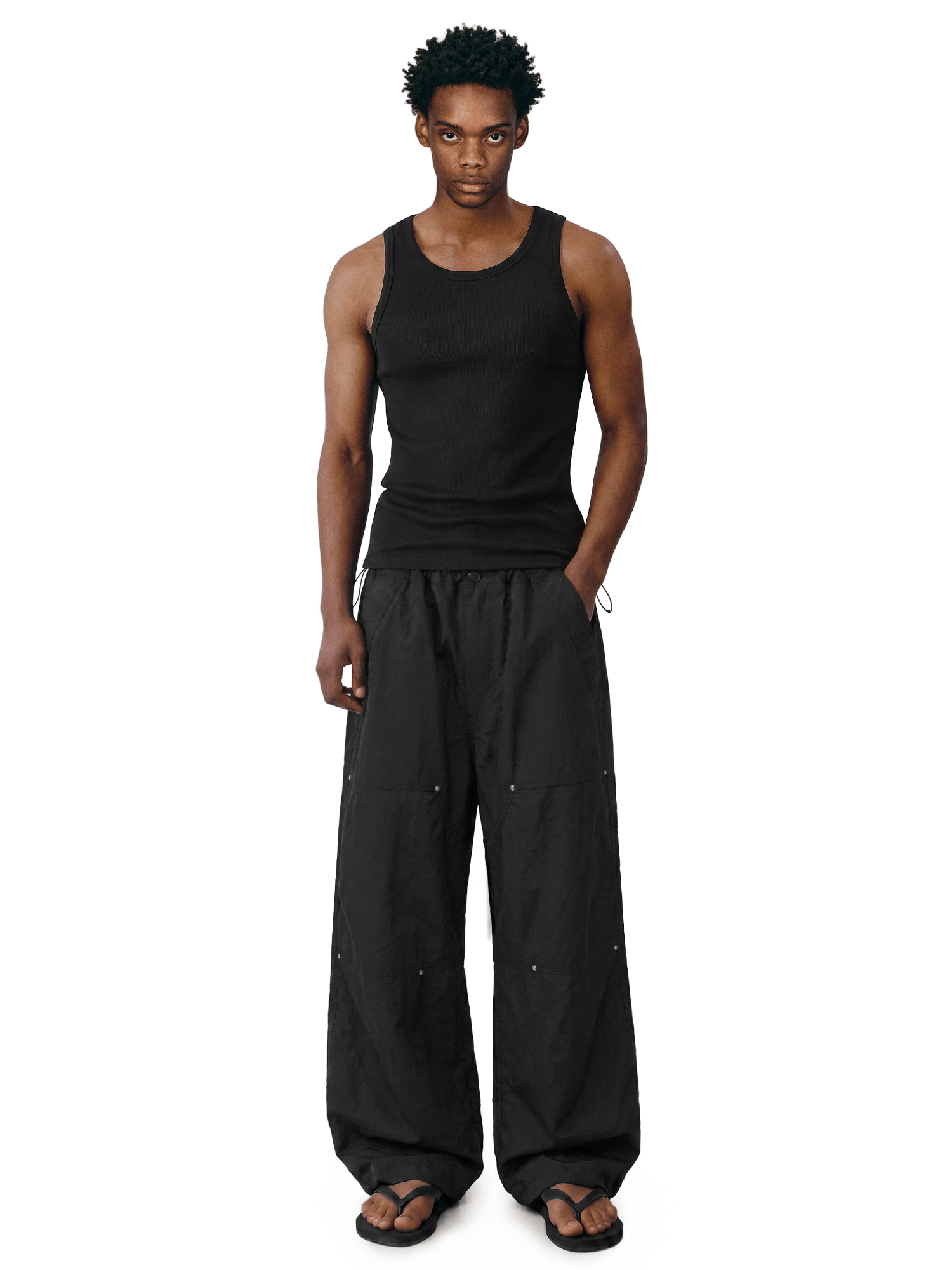 Styling look of Baggy Parachute Cargo Pants in Black - FDR