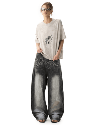 Rhinestone Washed Baggy Jeans