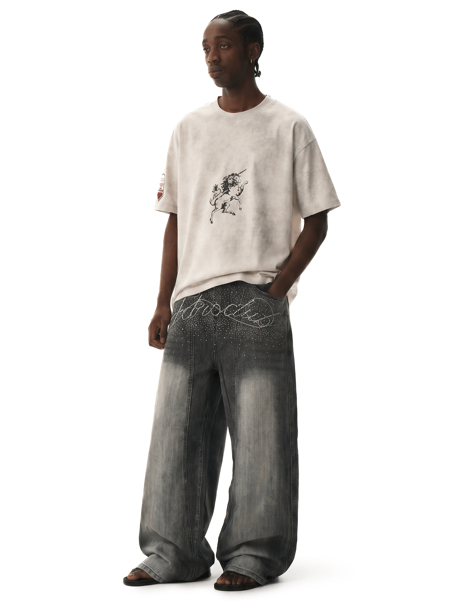 Rhinestone Washed Baggy Jeans - Fabric Texture & Stitching Detail - Oversized Baggy Fit | FDR Studios