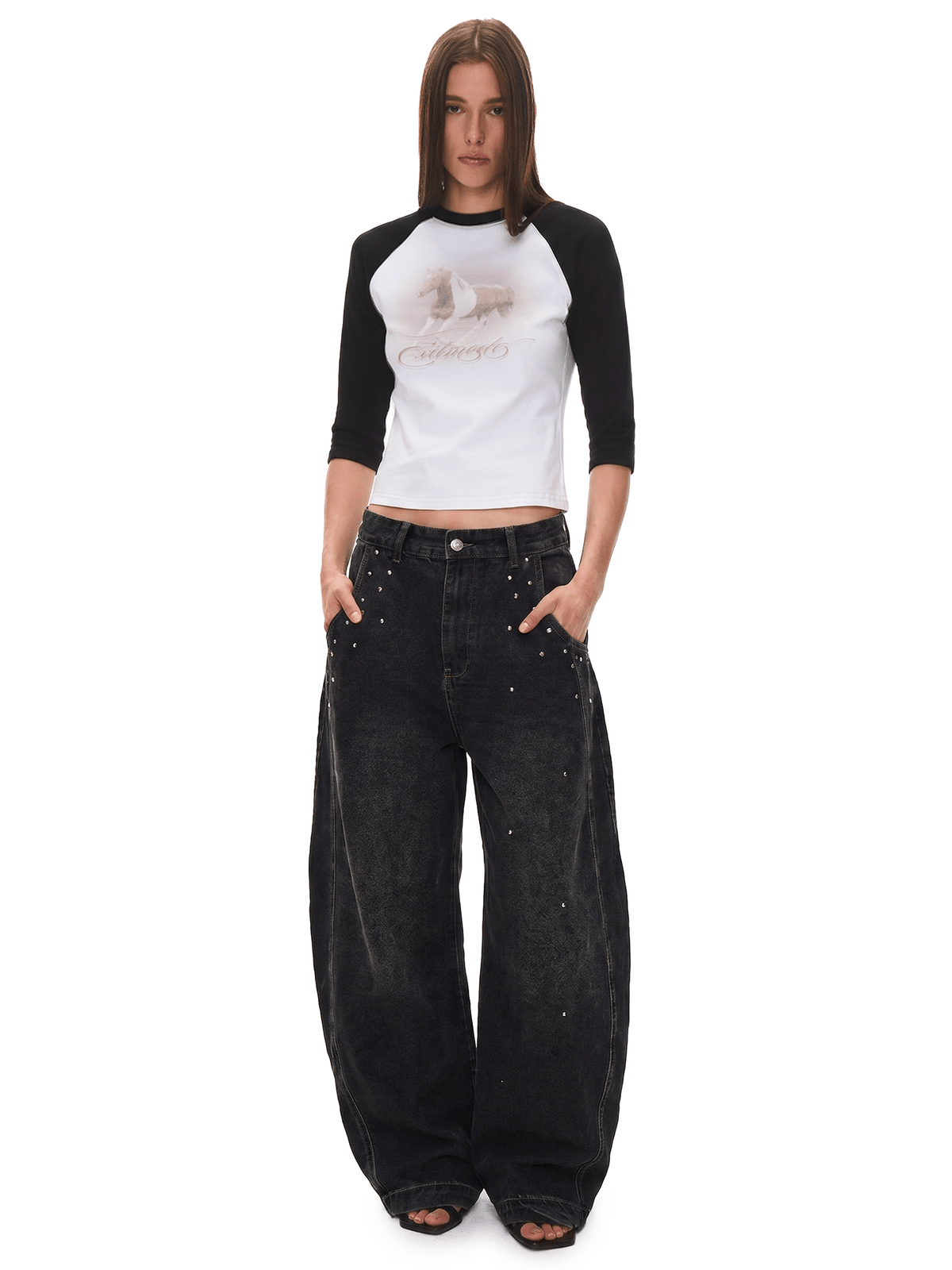 Washed Rhinestone Embroidered Jeans