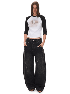 Washed Rhinestone Embroidered Jeans