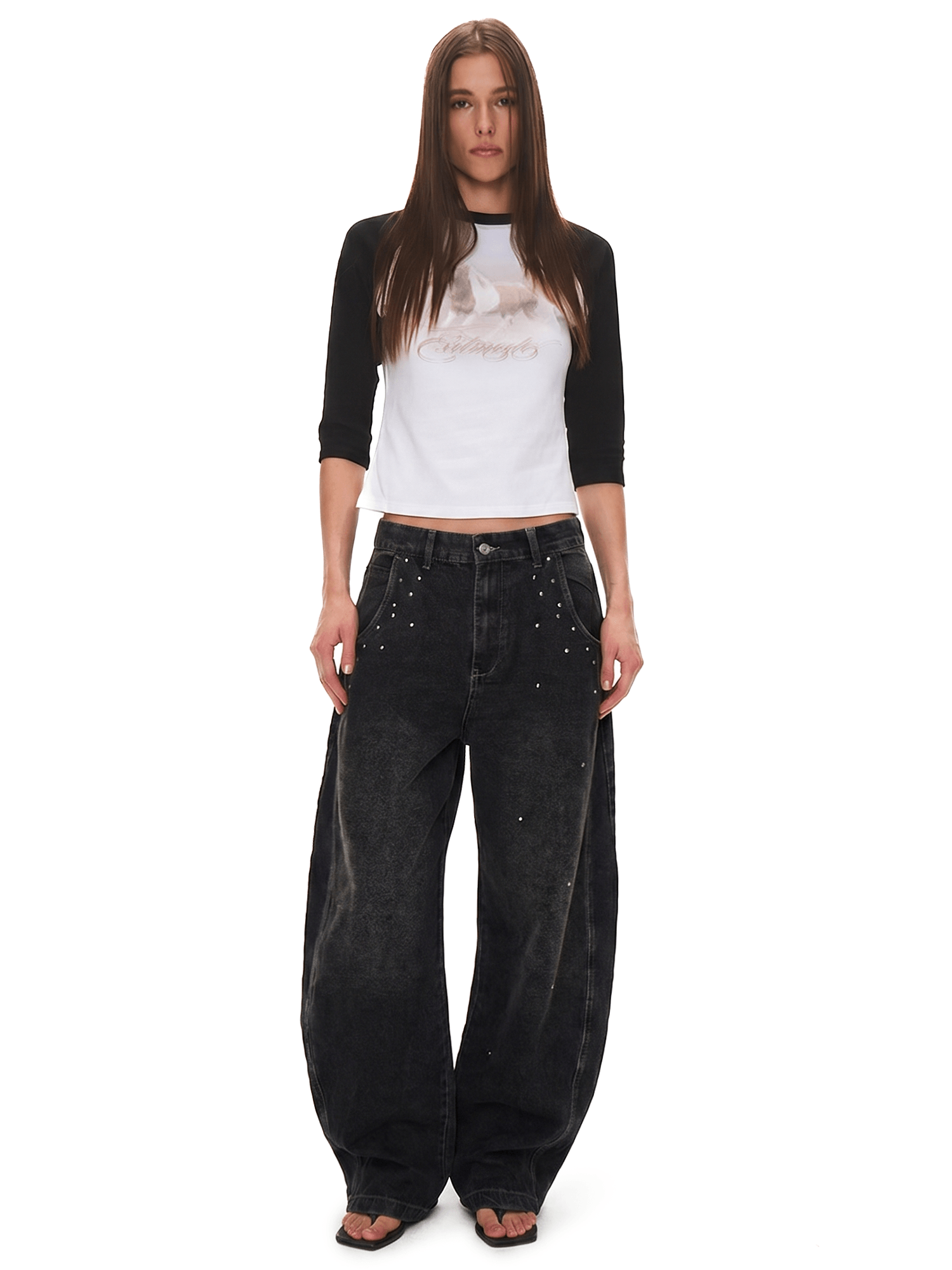 Washed Rhinestone Embroidered Jeans - Fabric Texture & Stitching Detail - Oversized Baggy Fit | FDR Studios