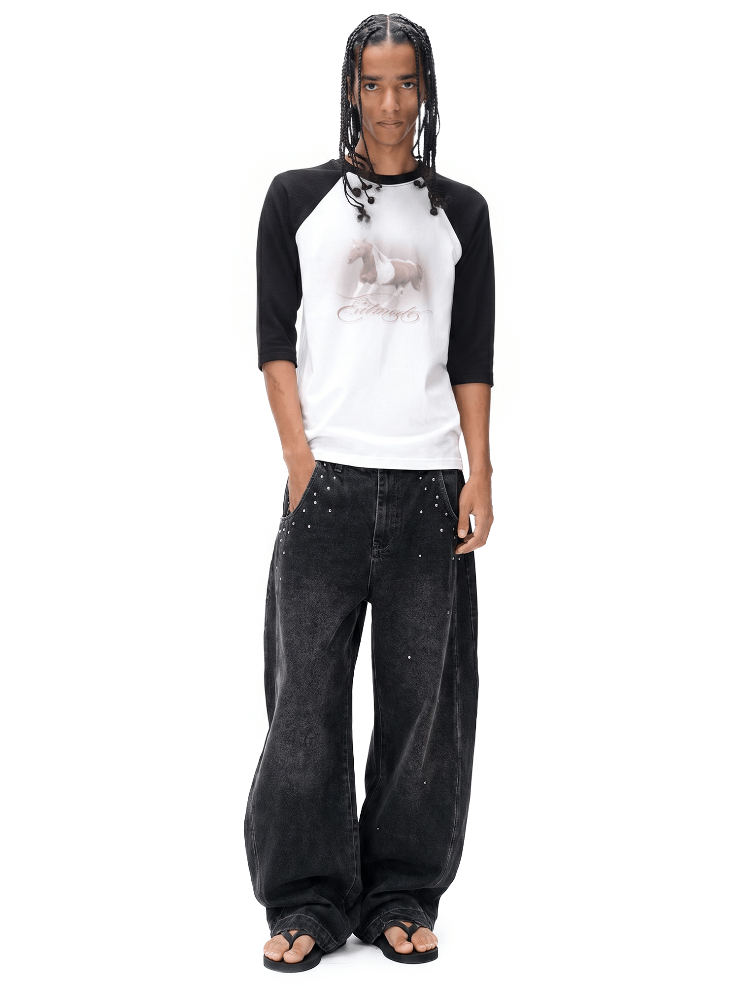 Washed Rhinestone Embroidered Jeans