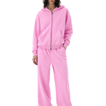 Men's oversized bubblegum pink zip-up hoodie and matching sweatpants set.