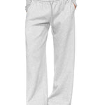Full-body photo of a model showcasing the Heather Grey variant of FDR wide-leg sweatpants with pocket, paired with a matching long-sleeve crop top. A versatile and breathable women's loungewear essential.