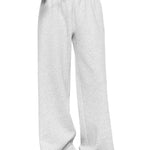 Full-body shot of a female model wearing light grey wide-leg sweatpants, showcasing a classic women's casual trousers fit for comfortable everyday wear.