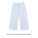 A simple flat-lay image of soft light blue wide-leg sweatpants, featuring an adjustable drawstring waist. A stylish and comfortable option for modern women's loungewear collections.