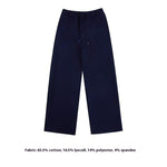Product image flat-lay of deep navy-blue wide-leg sweatpants, featuring an adjustable drawstring waist and clean lines for a sophisticated women's casual trousers option.