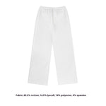 A classic flat-lay product image of crisp white wide-leg sweatpants, showcasing the adjustable drawstring waist and clean finish of this essential women's trousers style.
