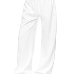 Full-body shot of a model wearing crisp white wide-leg sweatpants  illustrating a clean, minimal loungewear pants with a relaxed, premium feel.