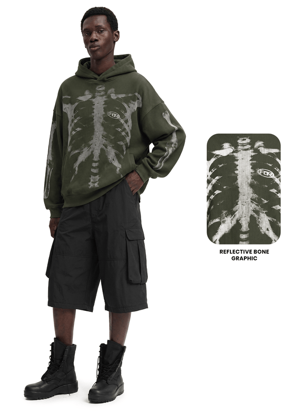 X-Ray Skeleton Waffle Hoodie - Side Angle & Silhouette Detail - Streetwear Aesthetic | FDR Studios