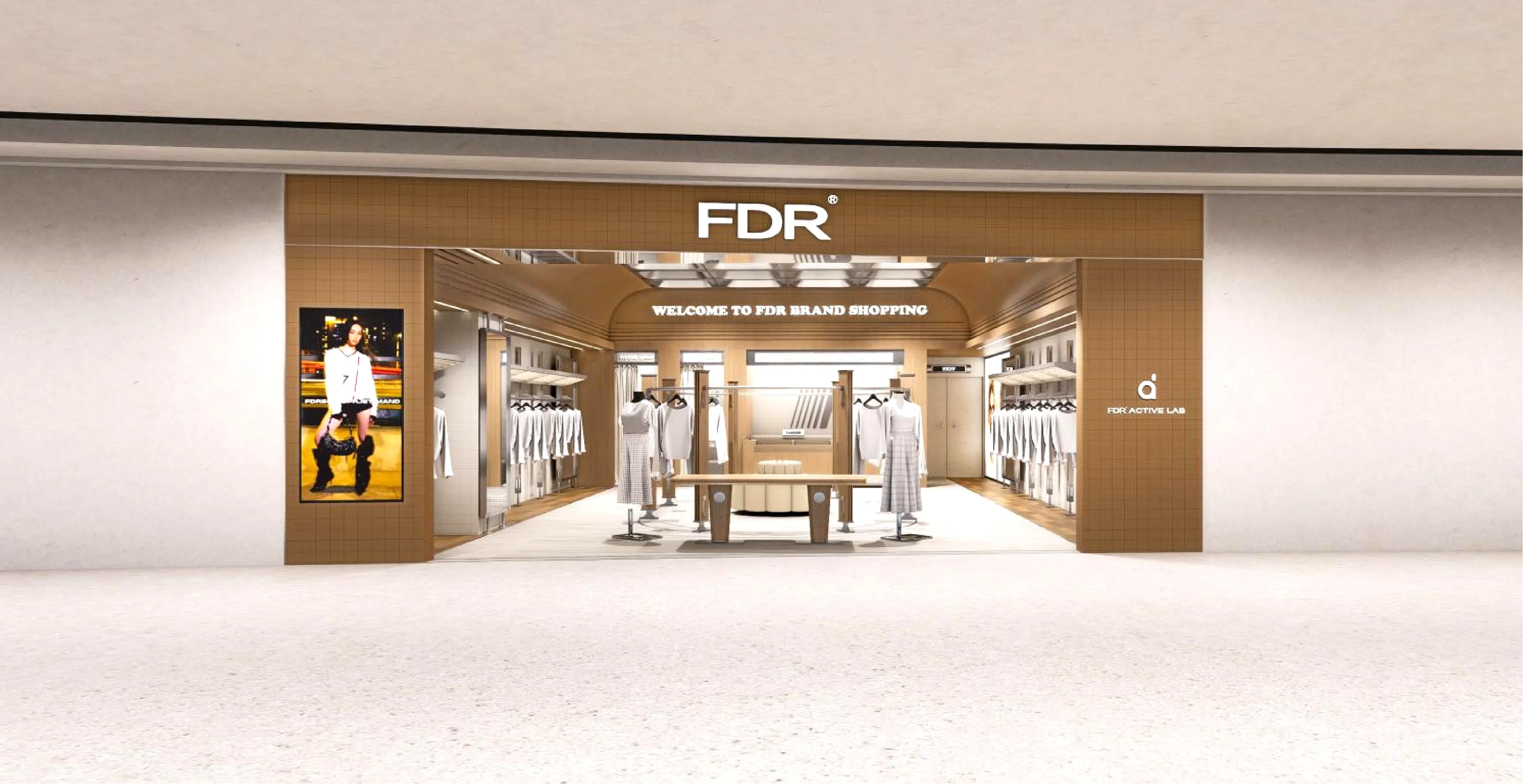 FDR Cyber Y2K fashion minimalist sport style store entrance with sleek unisex displays