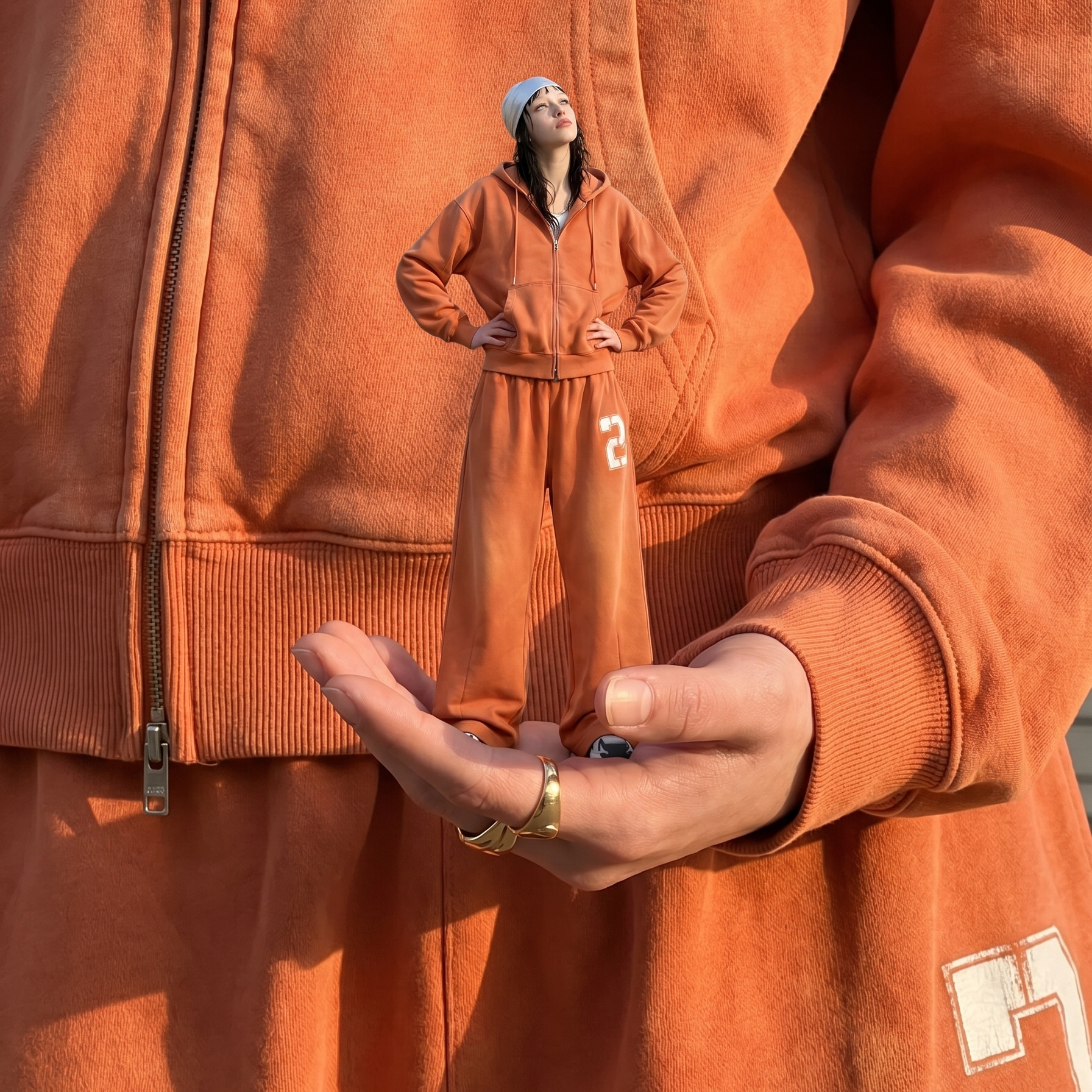 Close-up detail of an orange drawstring hoodie, focusing on the hem and fabric texture.