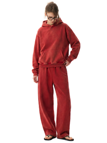 Front view of model wearing Washed Fleece Boxy Hoodie in Pink - FDR