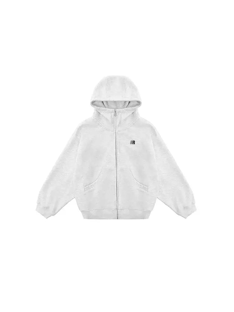 FDR oversized light gray zip hoodie, unisex style, Cyber Y2K fashion, minimalist sport style