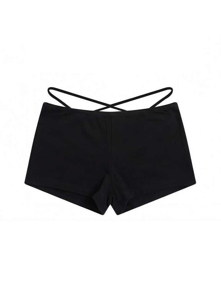 FDR Black Sexy Mini Shorts with Criss-Cross Waistband Detail, Y2K High-Street Style Aesthetic, Front View Flat Lay.