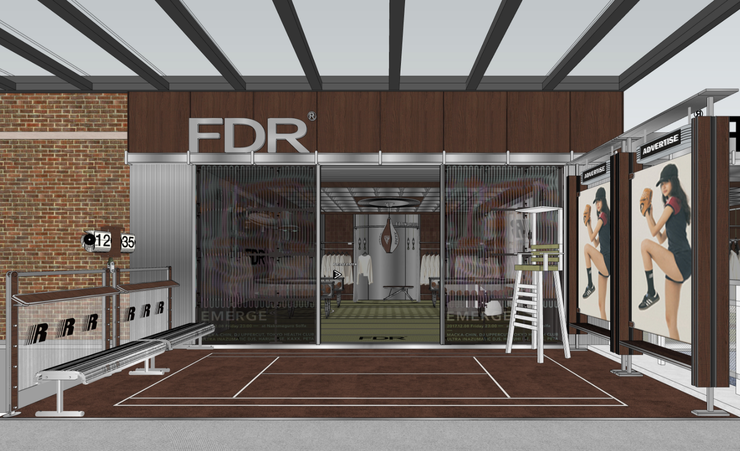 Interior view of a Cyber Y2K aesthetic industrial minimalist streetwear store